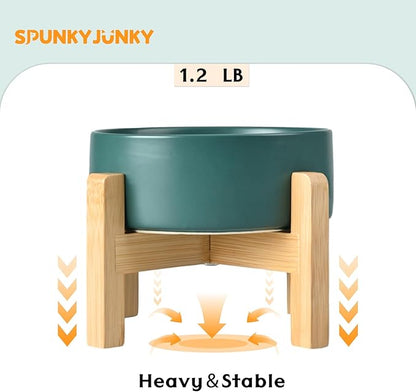 SPUNKYJUNKY Ceramic Elevated Dog Bowls 2 Pack - 5.1inch Raised Dog Bowls with Non-Slip Wooden Stand for Small Dogs Dishwasher Safe(Green,13.5OZ*2)