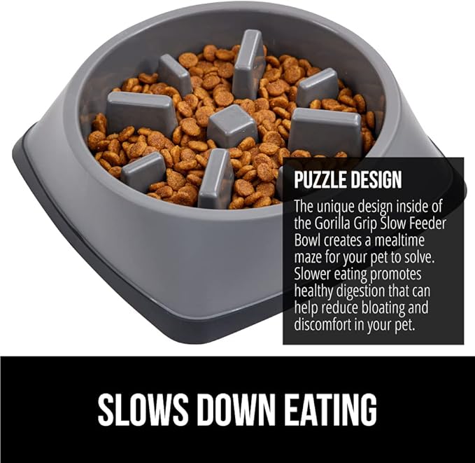 GORILLA GRIP Patented BPA Free Slow Feeder Dog Bowls, 4 Cup Interactive Puzzle Toy for Dogs and Cats Food Training Enrichment, Keeps Pets Busy and Prevents Puppy Overeating, Large Breeds, Gray