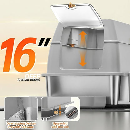 Stainless Steel Litter Box with Lid,Front Entry Top Exit Kitty LitterBox,Extra Large Enclosed Metal Cat Box with Litter Scoop & Litter Mat-Light Gray