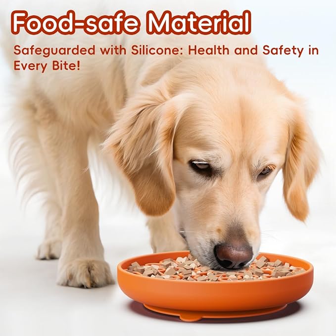 Silicone Slow Feeder Dog Bowl – Orange Bone Pattern | Food-Grade Non-Slip Dog Dish for Anti-Bloat, Fast Eating Prevention, 7.5” x 1.5”, Dishwasher Safe