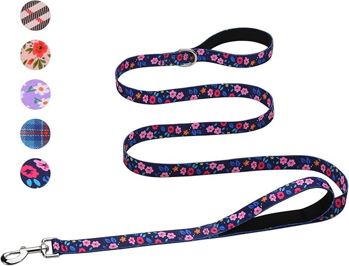 Hikiko Double Handle Dog Leash 6 Ft for Medium Large Dogs, Padded Traffic Handles Lead for Walking Training (Navy Blue Floral)