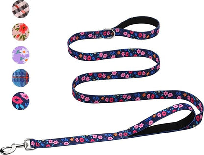 Hikiko Double Handle Dog Leash 6 Ft for Medium Large Dogs, Padded Traffic Handles Lead for Walking Training (Navy Blue Floral)