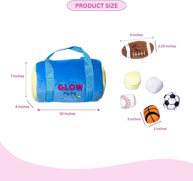 Glow Pups Dog Toy Sports Bag Hide and Seek Interactive Dog Toy with 6 Plush Squeaky Balls, Crinkle 10 Inches Long, Soft Plush, Blue and Yellow Sports Bag with Basketball, Soccer and Football