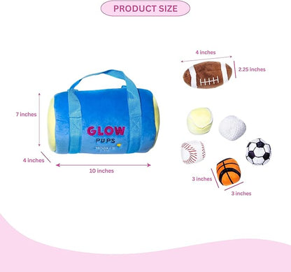 Glow Pups Dog Toy Sports Bag Hide and Seek Interactive Dog Toy with 6 Plush Squeaky Balls, Crinkle 10 Inches Long, Soft Plush, Blue and Yellow Sports Bag with Basketball, Soccer and Football