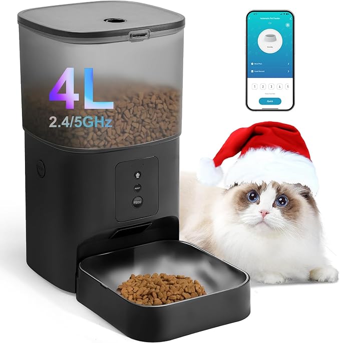 ANDOLL HOME 2.4G/5G Automatic Cat Feeder, 4L WiFi Food Dispenser with 10s Voice Recorder, Pet Feeder up to 10 Meals per Day, Timed Cat Feeder with Dry Food Sealed Ring(Matte Black, 4.0 L)