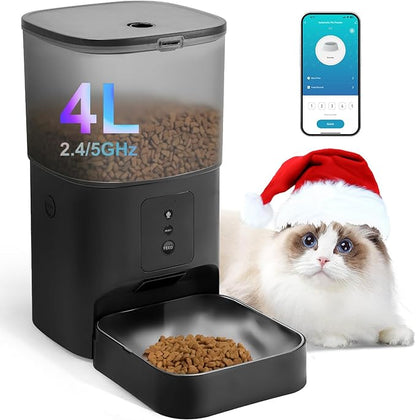 ANDOLL HOME 2.4G/5G Automatic Cat Feeder, 4L WiFi Food Dispenser with 10s Voice Recorder, Pet Feeder up to 10 Meals per Day, Timed Cat Feeder with Dry Food Sealed Ring(Matte Black, 4.0 L)