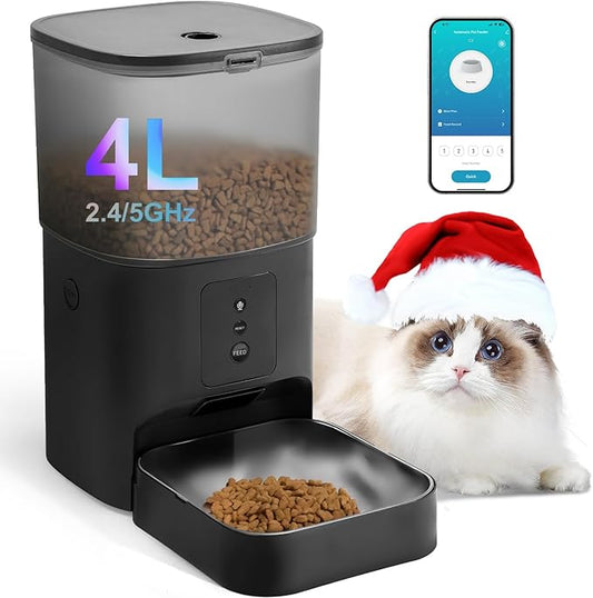 ANDOLL HOME 2.4G/5G Automatic Cat Feeder, 4L WiFi Food Dispenser with 10s Voice Recorder, Pet Feeder up to 10 Meals per Day, Timed Cat Feeder with Dry Food Sealed Ring(Matte Black, 4.0 L)