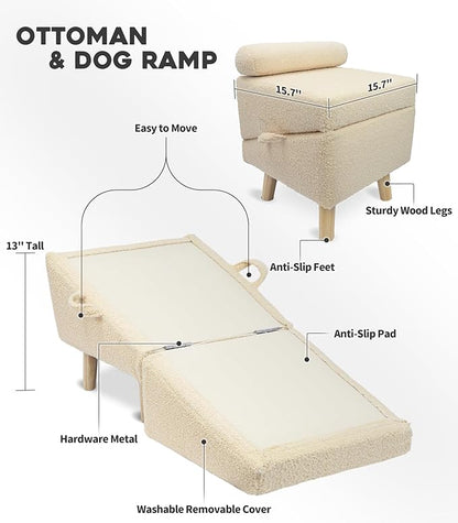 Dog Stairs for Small Dogs and Cats – 2-in-1 Dog Ramp for Couch and Low Bed, 16.5'' Foldable Wooden Pet Ramp, Sturdy Multi-Use Split Ottoman Design, Beige