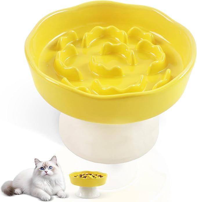 Raised Slow Feeder Cat Bowl, Ceramic Elevated Cats Food Bowl Small Cats Slow Feeder, Cute Cat Dish for Anti Vomiting for Dry and Wet Food (Yellow, 6 Inch)