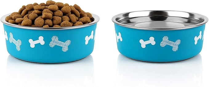 Printed Teal Blue Stainless Steel Dog Bowl with Anti-Skid Base, 15.89 oz | Food & Water Bowl for Small Dogs, Puppies & Cats, Durable Metal Pet Bowl