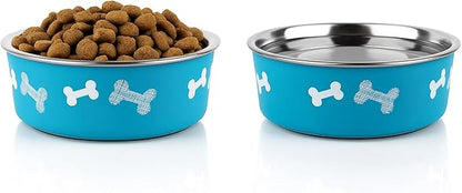 Printed Teal Blue Stainless Steel Dog Bowl with Anti-Skid Base, 15.89 oz | Food & Water Bowl for Small Dogs, Puppies & Cats, Durable Metal Pet Bowl
