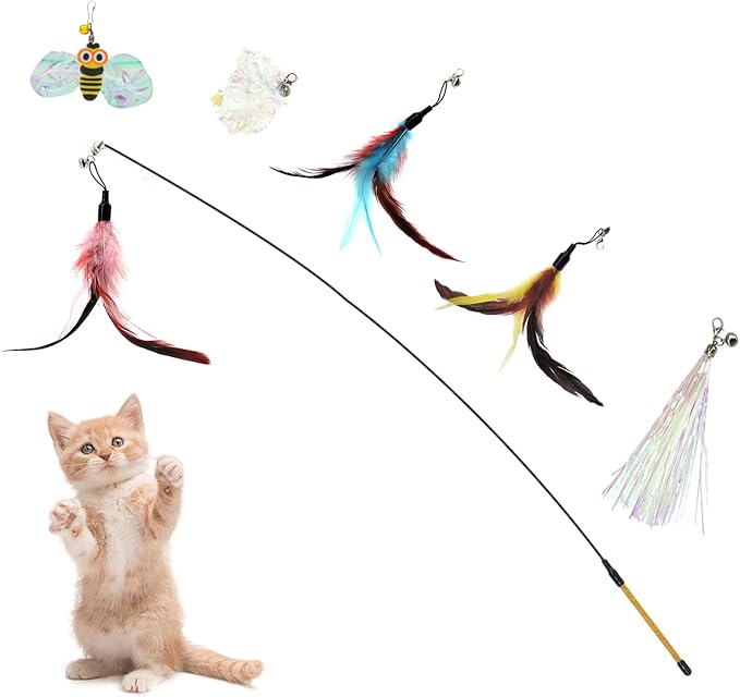 Andiker Cat Wand Toy with 2 PCS 12 Inches Replaceable Colorful Rainbow Tassels and Little Bells Funny and Interesting Cat Toys for Indoor Cats Keeping Fit (6 Replacements, Count, 7)
