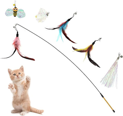 Andiker Cat Wand Toy with 2 PCS 12 Inches Replaceable Colorful Rainbow Tassels and Little Bells Funny and Interesting Cat Toys for Indoor Cats Keeping Fit (6 Replacements, Count, 7)