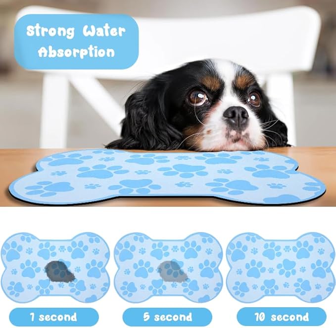 Dog Food Mats for Floors Waterproof, Pet Feeding Absorbent Water Bowl Mat Cat Placemats Blue Bone Shape 23.6 * 15.7 inch