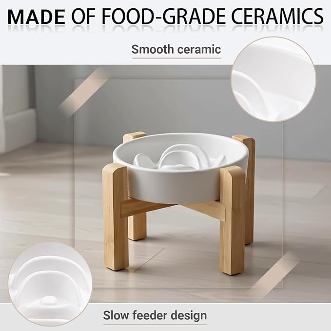 Petygooing Elevated Slow Feeder Ceramic Dog Bowls 8.26in, Slow Feeder Elevated Bowl for Small&Medium, Ceramic Slow Feeder Heavy Weighted Non-Toxic Non-Slip Puzzle Maze (White, 8.26in)