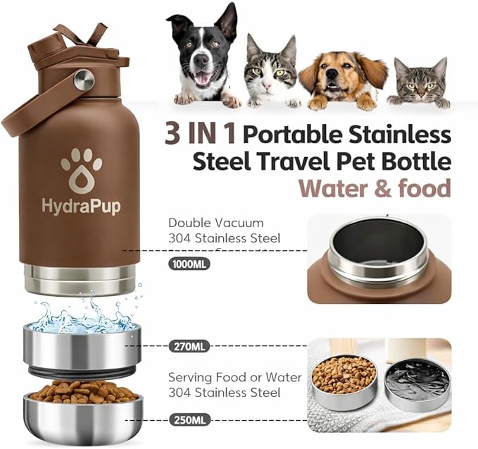 32oz Insulated Water Bottle with Dog Bowls – Human & Pet Shared Use, Stainless Steel Leakproof Travel Bottle (Cocoa Brown)