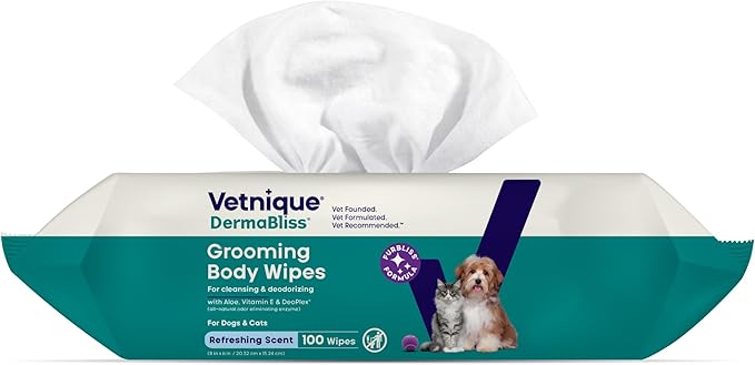 Vetnique DermaBliss Pet Wipes for Dogs & Cats for Grooming, Cleansing & Deodorizing, Thick Dog Wipes for Convenient Dog Cleaning and Natural Pet Odor Eliminator, 100ct (Refreshing Scent)