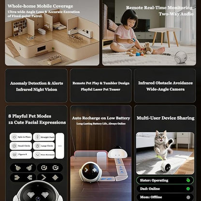 Home Pet Camera Robot with AI - Movable 1080P,Battery-Operated, Night Vision,2-Way Talk, Remote Interaction with App Control Camera for Dog Cat Kids