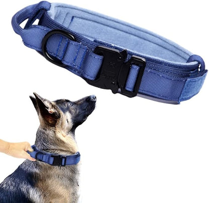 Xqpetlihai Tactical Dog Collar Adjustable Military Nylon Dog Collar with Control Handle and Heavy Duty Metal Buckle for Medium and Large Dogs (Dark Blue,M)