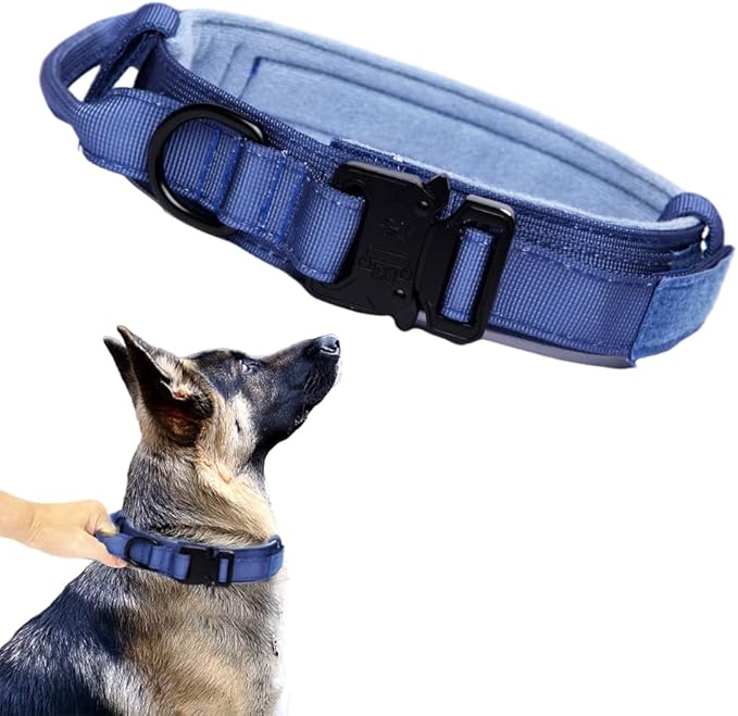 Xqpetlihai Tactical Dog Collar Adjustable Military Nylon Dog Collar with Control Handle and Heavy Duty Metal Buckle for Medium and Large Dogs (Dark Blue,L)