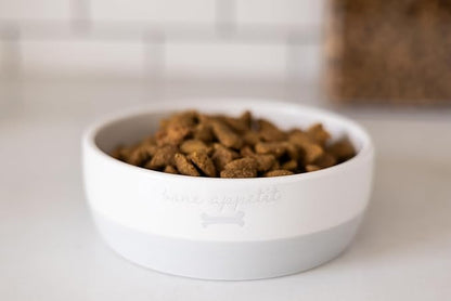 Pearhead Ceramic Bone Appétit Dog Bowl, Stoneware Food and Water Dish, Grey and White Pet Feeder, Small/Medium 2.25 Cups/ 18 oz
