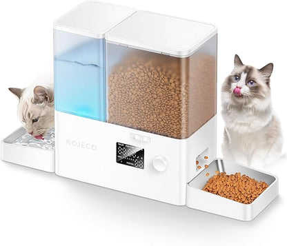 ROJECO Automatic Cat Feeder and Water Dispenser,36Cups/8.5L 2-in-1 Stainless Steel Bowls Large Capacity Cat Food Dispenser and Gravity Water Fountain for Cats Small Dogs Puppies Kittens Pets