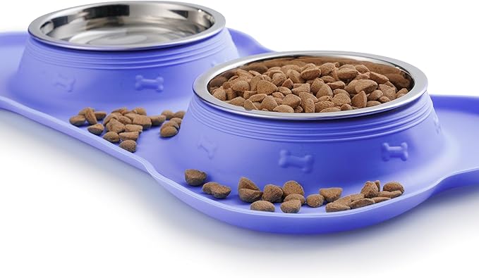 Hubulk Pet Dog Bowls 2 Stainless Steel Dog Bowl with No Spill Non-Skid Silicone Mat + Pet Food Scoop Water and Food Feeder Bowls for Feeding Small Medium Large Dogs Cats Puppies (Medium, Purple)