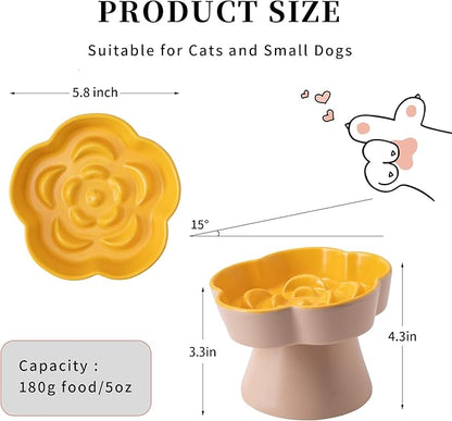 Tilted Cat Bowl, Flower-Shaped Ceramic Slow Feeder Cat Bowl, Raised Pet Bowl for Whisker Relief, Prevents Vomiting & Bloating, Non-Slip Base, Easy to Clean for Dry/Wet Food (Pink & Blue)