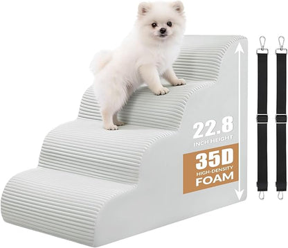 Dog Stairs for Bed Up to 24" H, Extra Height 22.8" 4-Step Pet Steps for Small Dogs and Cats, Non-Slip Sturdy Dog Ramp with Anti-Tip Safety Strap and Washable Cover,Balanced Ramp Indoor Pet Stairs