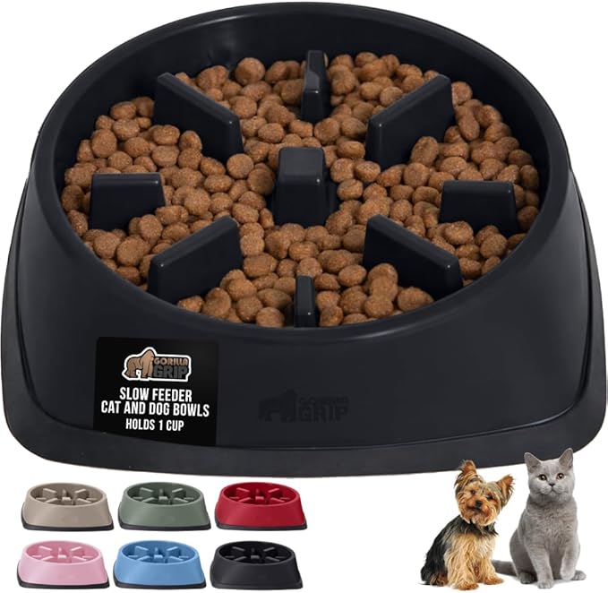 GORILLA GRIP Patented BPA Free Slow Feeder Dog Bowls, Interactive Puzzle Toy for Dogs and Cats Food Training Enrichment, Keeps Pets Busy and Prevents Puppy Overeating, Small Breeds, 1 Cup, Black