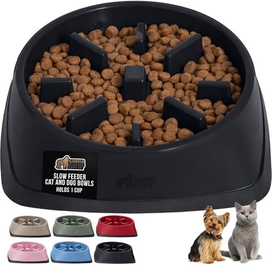 GORILLA GRIP Patented BPA Free Slow Feeder Dog Bowls, Interactive Puzzle Toy for Dogs and Cats Food Training Enrichment, Keeps Pets Busy and Prevents Puppy Overeating, Small Breeds, 1 Cup, Black