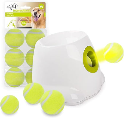 ALL FOR PAWS Automatic Ball Launcher for Dogs Interactive Puppy Pet Ball Outdoor Thrower Fetch Machine, 6 Balls Included (2.5 inch) + Six Tennis Balls Bundle