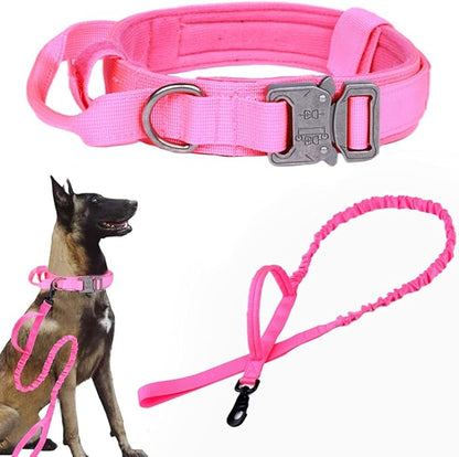 Xqpetlihai Tactical Dog Collar and Leash Set Adjustable Military Nylon Dog Collar with Control Handle and Heavy Duty Metal Buckle for Large Dogs（Pink L