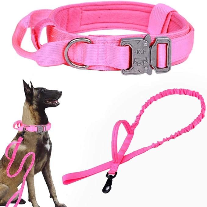 Xqpetlihai Tactical Dog Collar and Leash Set Adjustable Military Nylon Dog Collar with Control Handle and Heavy Duty Metal Buckle for Large Dogs（Pink XL