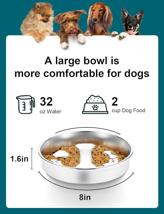 Slow Feeder Dog Bowls，8.2-inch Diameter Dog Slow Feeder Bowl，304 Stainless Steel Heavy Duty with Non-Slip Rubber Base，2Cups Capacity for Medium & Large Dogs to Slow Down Eating