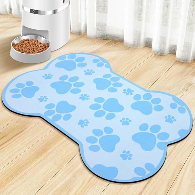 Dog Food Mats for Floors Waterproof, Pet Feeding Absorbent Water Bowl Mat Cat Placemats Blue Bone Shape 23.6 * 15.7 inch
