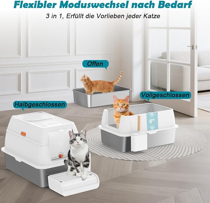 SZEE XL Stainless Steel Litter Box with Lid, Extra Large Metal Covered Litter Box, Stainless Box Easy Clean, Activated Charcoal Odor Control Design, Includes Litter Scoop & Mat & Step, White