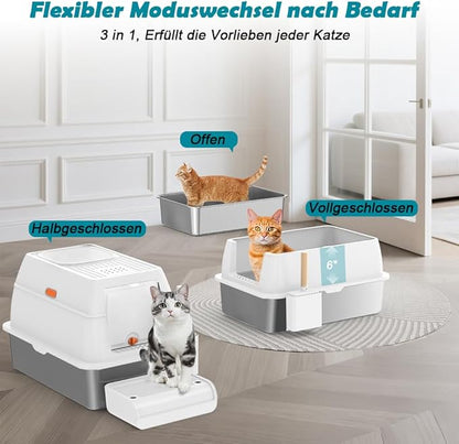 SZEE XL Stainless Steel Litter Box with Lid, Extra Large Metal Covered Litter Box, Stainless Box Easy Clean, Activated Charcoal Odor Control Design, Includes Litter Scoop & Mat & Step, White
