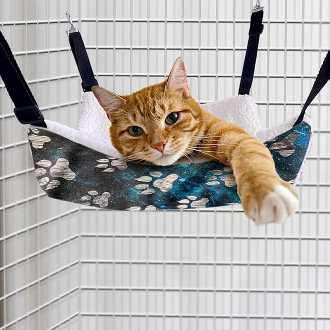 WIRESTER Reversible Cat Hanging Hammock 22.8 x 18.9 Inch, Pet Cage Hammock Bed with Adjustable Straps, Soft Sleeping Hammock for Cat, Ferret, Puppy Dog, Rabbit, Small Animals - Silver Dog Paws