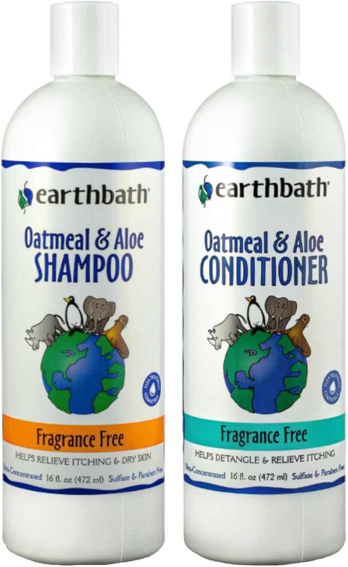 earthbath, Oatmeal & Aloe Dog Shampoo and Conditioner Oatmeal Shampoo For Dogs - Itchy, Dry Skin Relief, Dog Wash, Made in USA, Dog Conditioner, Fragrance Free Pet Shampoos - 16 Oz (1 Set)