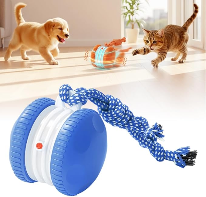 Interactive Dog Toy, Funny Automatic Moving Rolling Dog Toys with Rope for Small Medium Large Dogs Cats, Rechargeable Puppy Toys Pet Ball to Keep Them Busy (Blue)