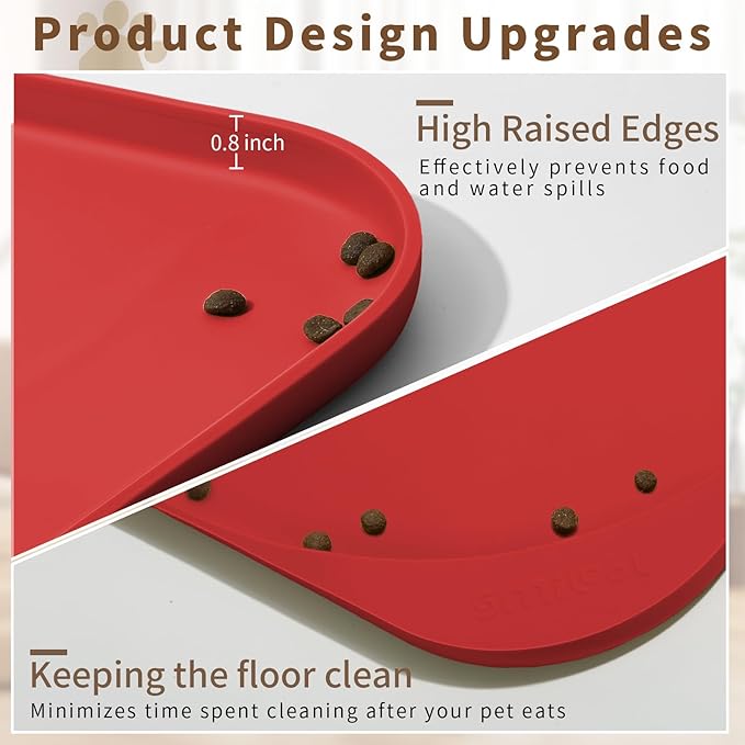 Silicone Pet Food Mat with Raised Edge for Food and Water Bowl, Dog Feeding Mats, Cat Food Trays for Floor Waterproof, Rubber Tray for Dogs and Cats, 22 x 14 x 0.8 Red