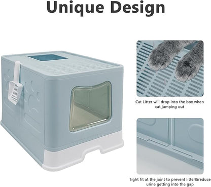 XL Foldable Cat Litter Box with Lid - Jumbo Enclosed Potty - Top Entry Anti-Splashing Toilet - Includes Scoop & 2-in-1 Cleaning Brush (Blue