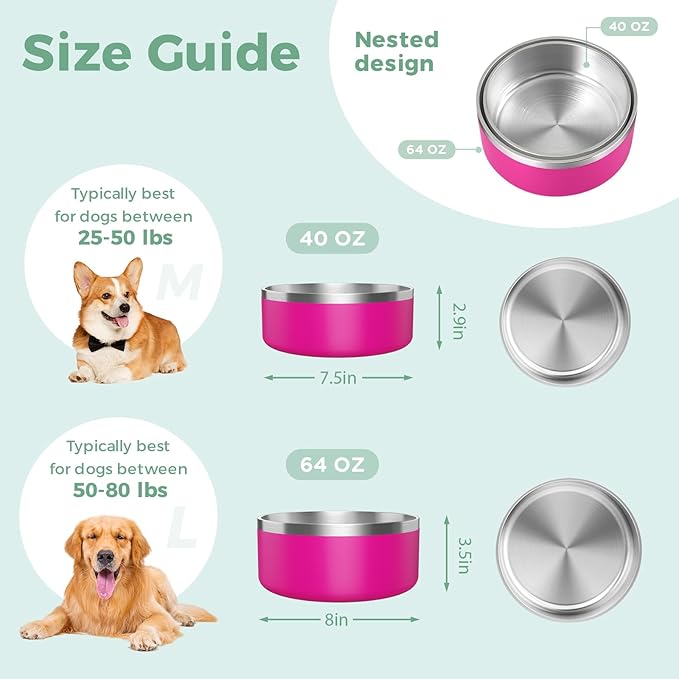 LIHONG Stainless Steel Dog Bowls for Large Dogs,Dog Food Water Bowls with Non Slip Rubber Bottom,Pet Feeding Bowl,Double Wall Insulated,Rustproof(64oz,Pitaya Pink)