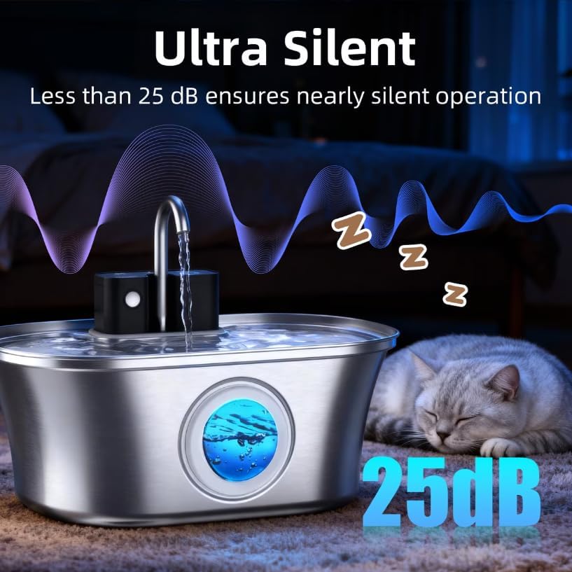 Casfuy PWL-300 Wireless Smart Quiet Stainless Steel Cat Water Fountain, 108-oz - Image 6