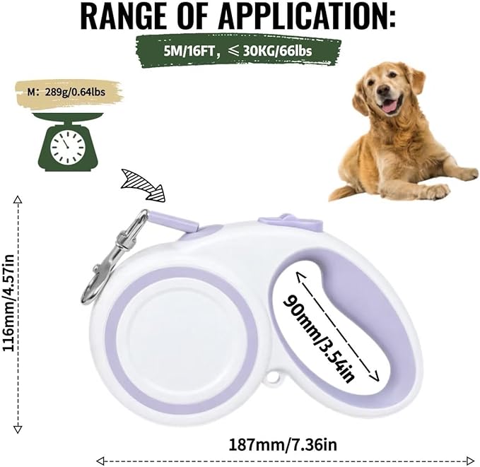 Retractable Dog Leash, 360° Tangle-Free Highly Reflective Nylon Tape, Non-Slip Rubberized Handle, 10-16FT Long Dog Leash for Dogs up to 66LBS,M-Purple