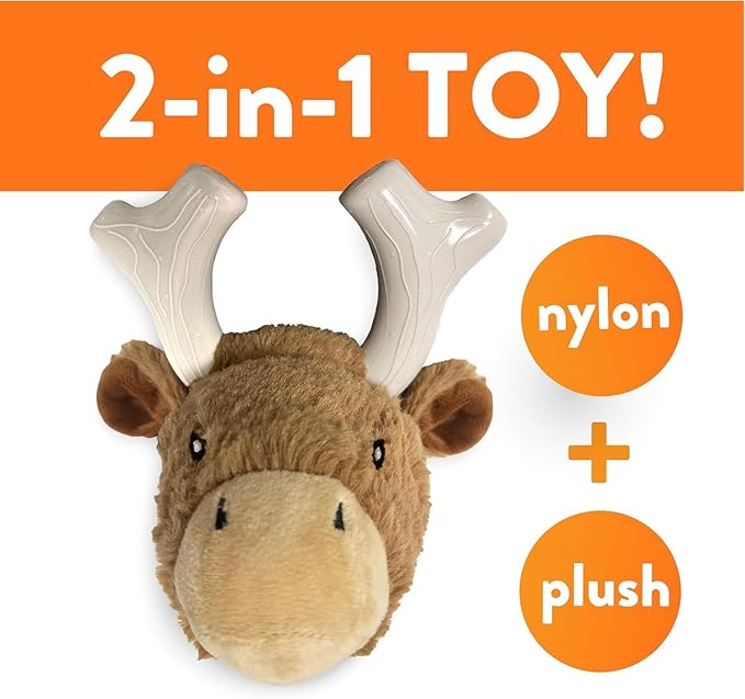 Spunky pup Knucklehead Durable Dog Toy - 2-in-1 Plush & Chew Toy for Aggressive Chewers, Chicken-Flavored Dental Chew, Durable Double-Stitched Squeaker- Deer