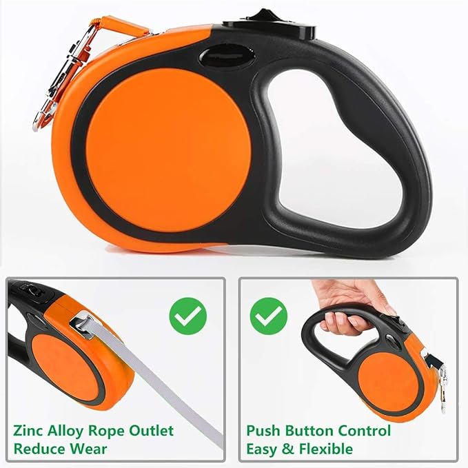Dual Retractable Dog Leash for Small Breed (Up to 44 Lbs Each) - Double Headed 16 ft Extendable Pet Leash with Poop Bags, Non Slip Grip - One Button Break & Lock, 360 Tangle-Free (Orange, Medium)