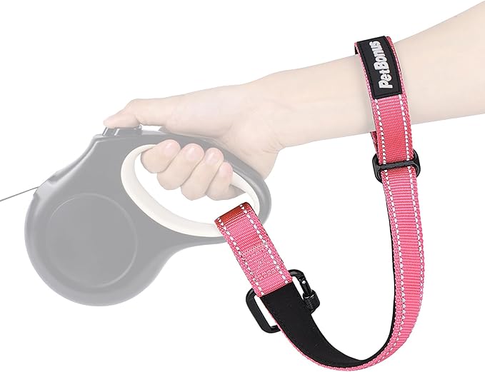 PetBonus Dog Leash Wrist Strap, Safety Strap for Retractable Leash, Lockable Reflective Short Dog Walking Lead with Adjustable Soft Padded Handle, Extra Layer Security for Pet Stroller (Pink)