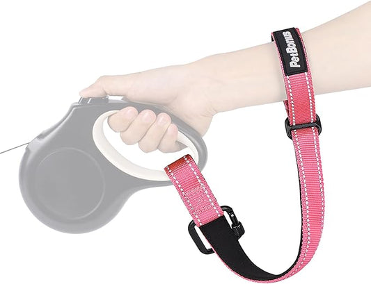 PetBonus Dog Leash Wrist Strap, Safety Strap for Retractable Leash, Lockable Reflective Short Dog Walking Lead with Adjustable Soft Padded Handle, Extra Layer Security for Pet Stroller (Pink)